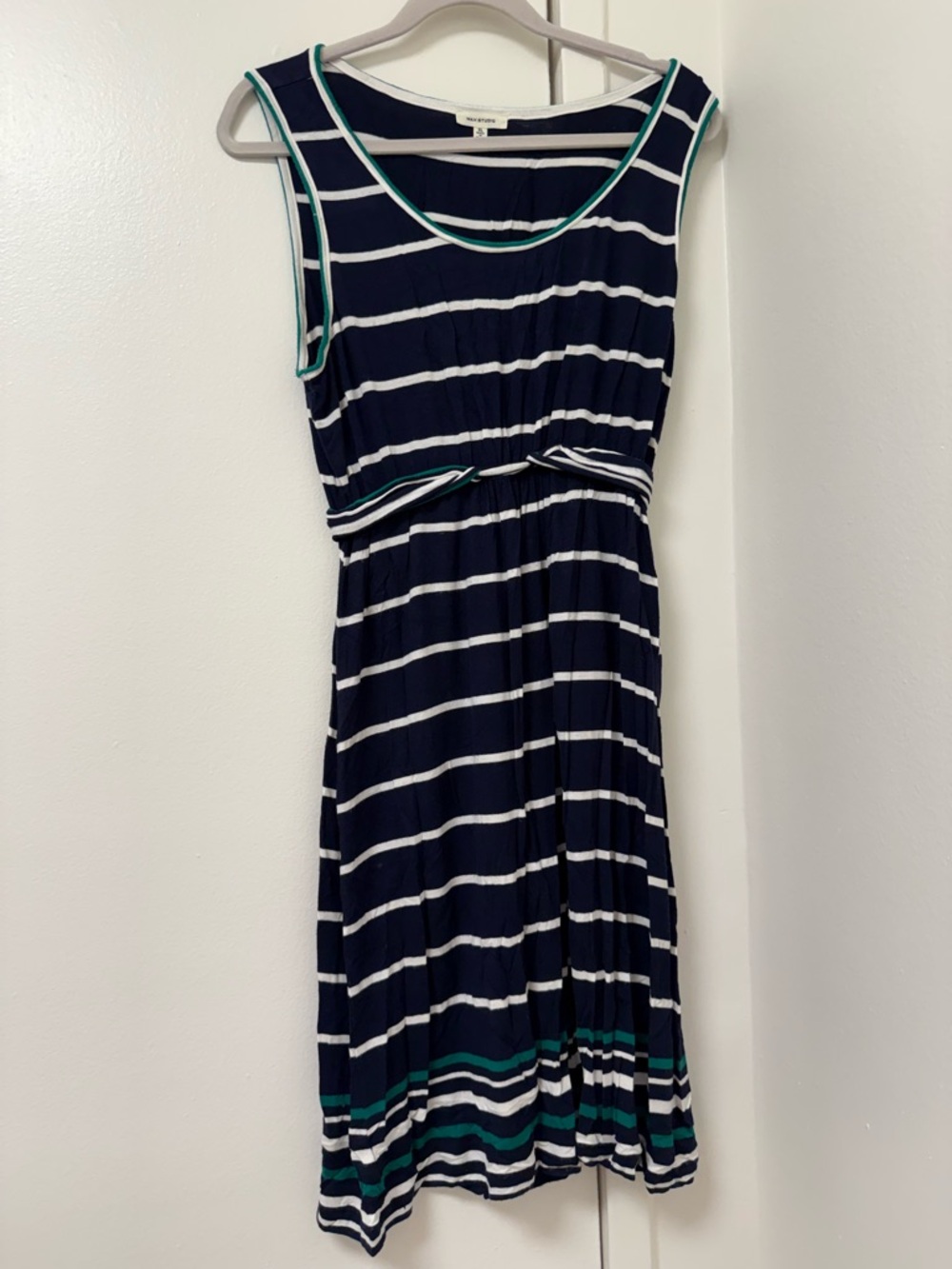 Max Studio Navy Striped Sleeveless Midi Dress with Teal Trim